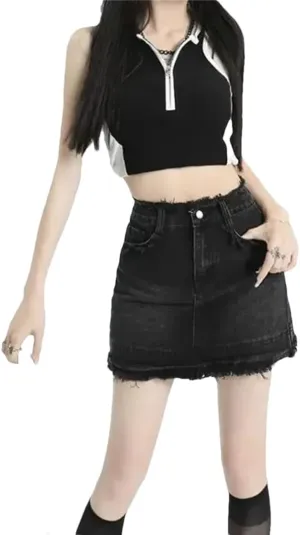 Women Vintage Fringed Denim Skirt High Waisted Slimming Mini Dress Anti-Exposure Shaping Petite Skirt