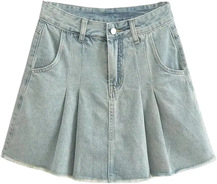 Women Vintage High-Waisted Mini Dress Denim Skirt Two-Tone Patchwork Skirt