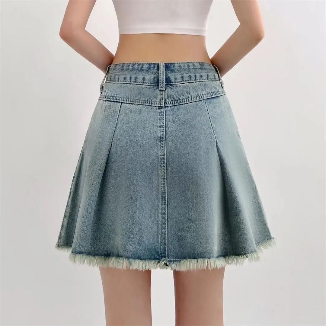 Women Vintage High-Waisted Mini Dress Denim Skirt Two-Tone Patchwork Skirt