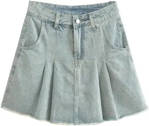 Women Vintage High-Waisted Mini Dress Denim Skirt Two-Tone Patchwork Skirt