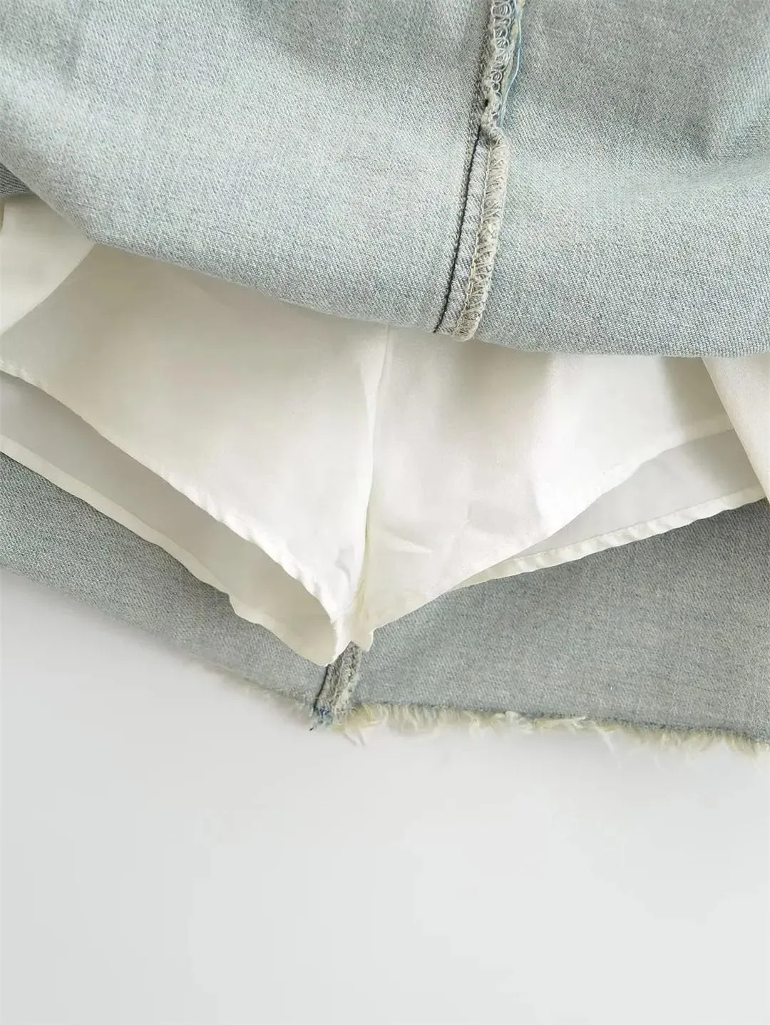 Women Vintage High-Waisted Mini Dress Denim Skirt Two-Tone Patchwork Skirt