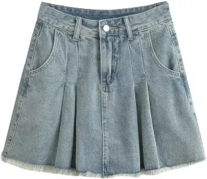 Women Vintage High-Waisted Mini Dress Denim Skirt Two-Tone Patchwork Skirt