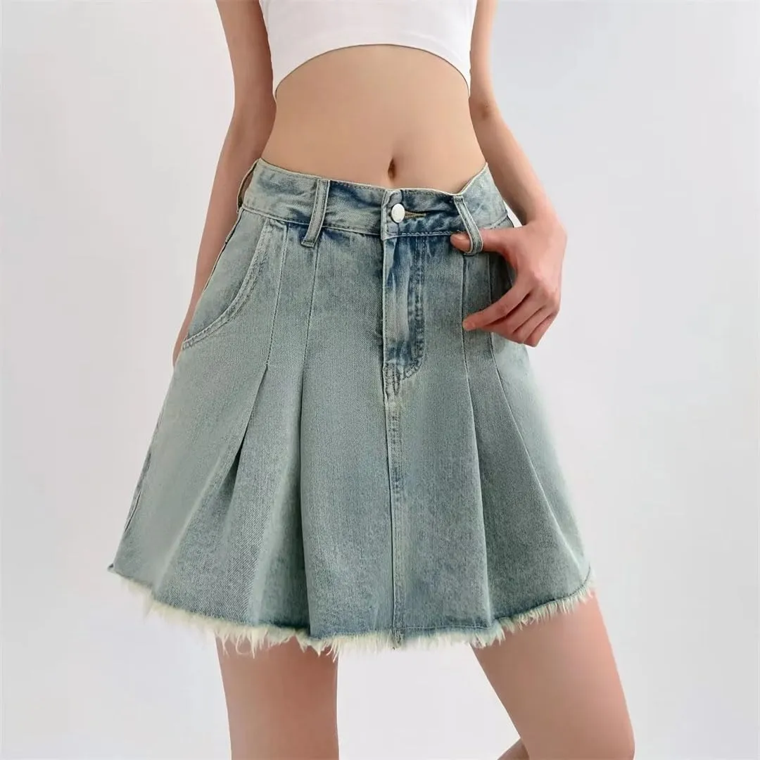 Women Vintage High-Waisted Mini Dress Denim Skirt Two-Tone Patchwork Skirt