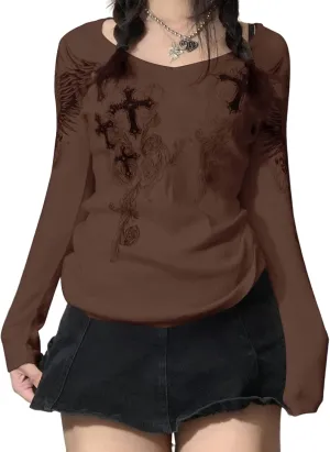 Women Vintage Y2K Long Sleeve Shirt Fairy Grunge Graphic Tees Tops 90s E-Girl Aesthetic Harajuku T-Shirt Streetwear