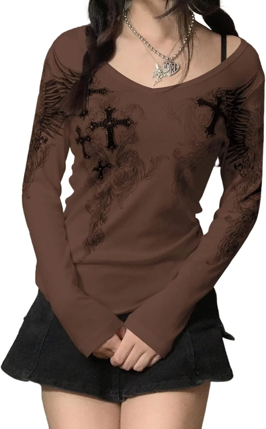 Women Vintage Y2K Long Sleeve Shirt Fairy Grunge Graphic Tees Tops 90s E-Girl Aesthetic Harajuku T-Shirt Streetwear