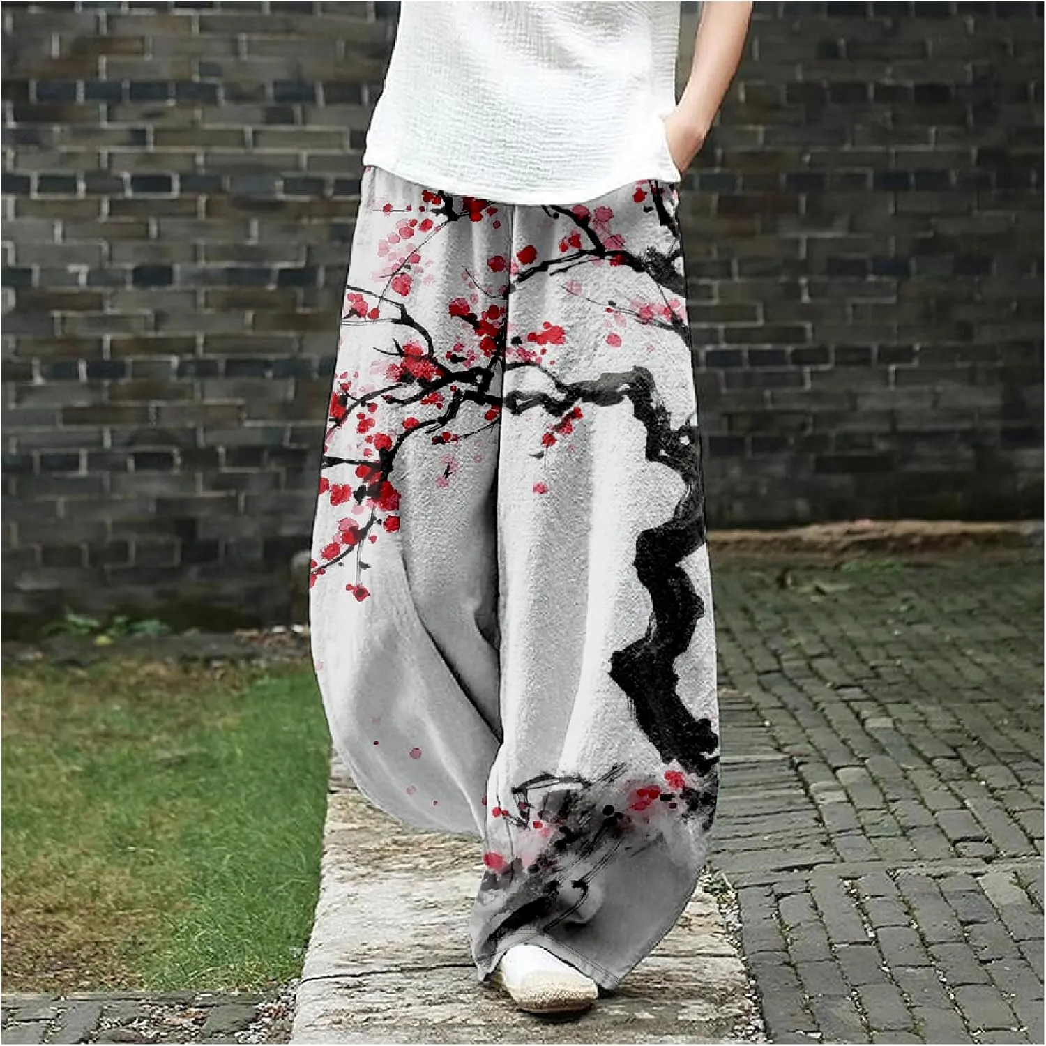 Womens Baggy Cotton Linen Blend Wide Leg Palazzo Pants Ladies Summer Casual Loose Hippie Lantern Trousers with Elastic Waist
