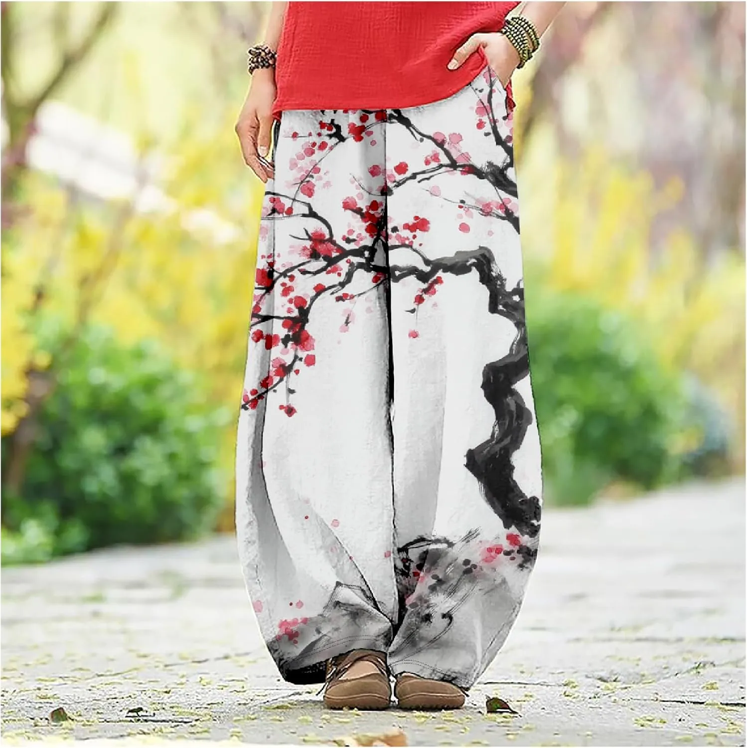 Womens Baggy Cotton Linen Blend Wide Leg Palazzo Pants Ladies Summer Casual Loose Hippie Lantern Trousers with Elastic Waist