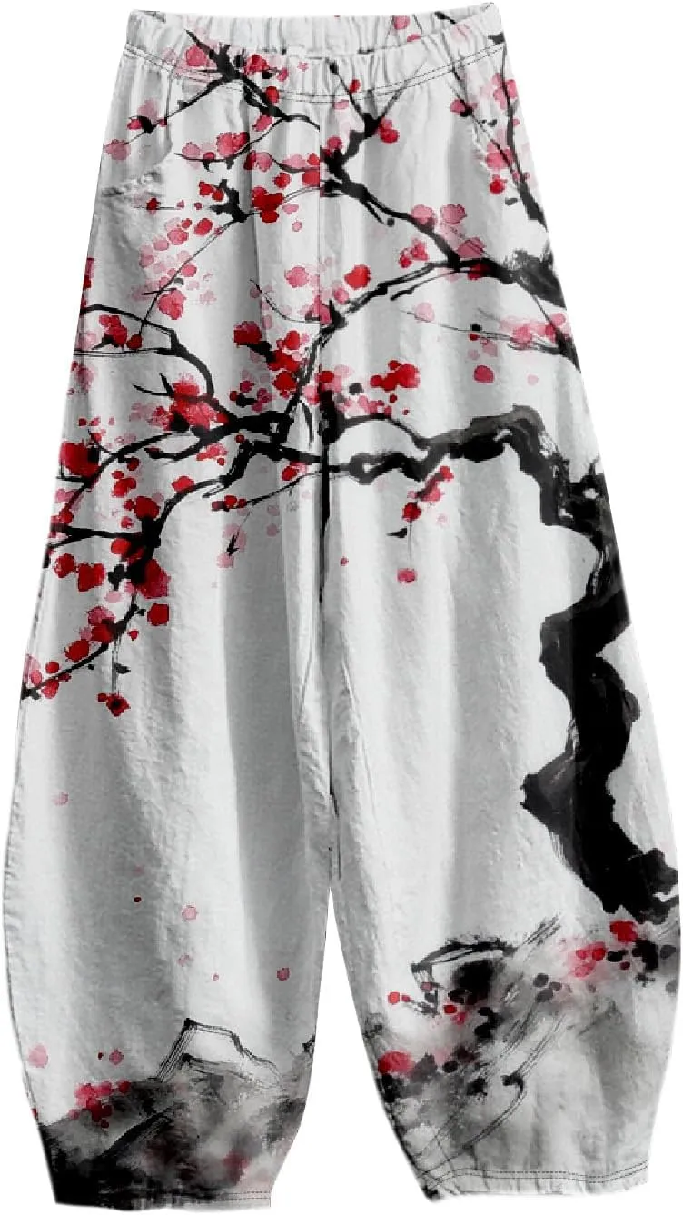 Womens Baggy Cotton Linen Blend Wide Leg Palazzo Pants Ladies Summer Casual Loose Hippie Lantern Trousers with Elastic Waist
