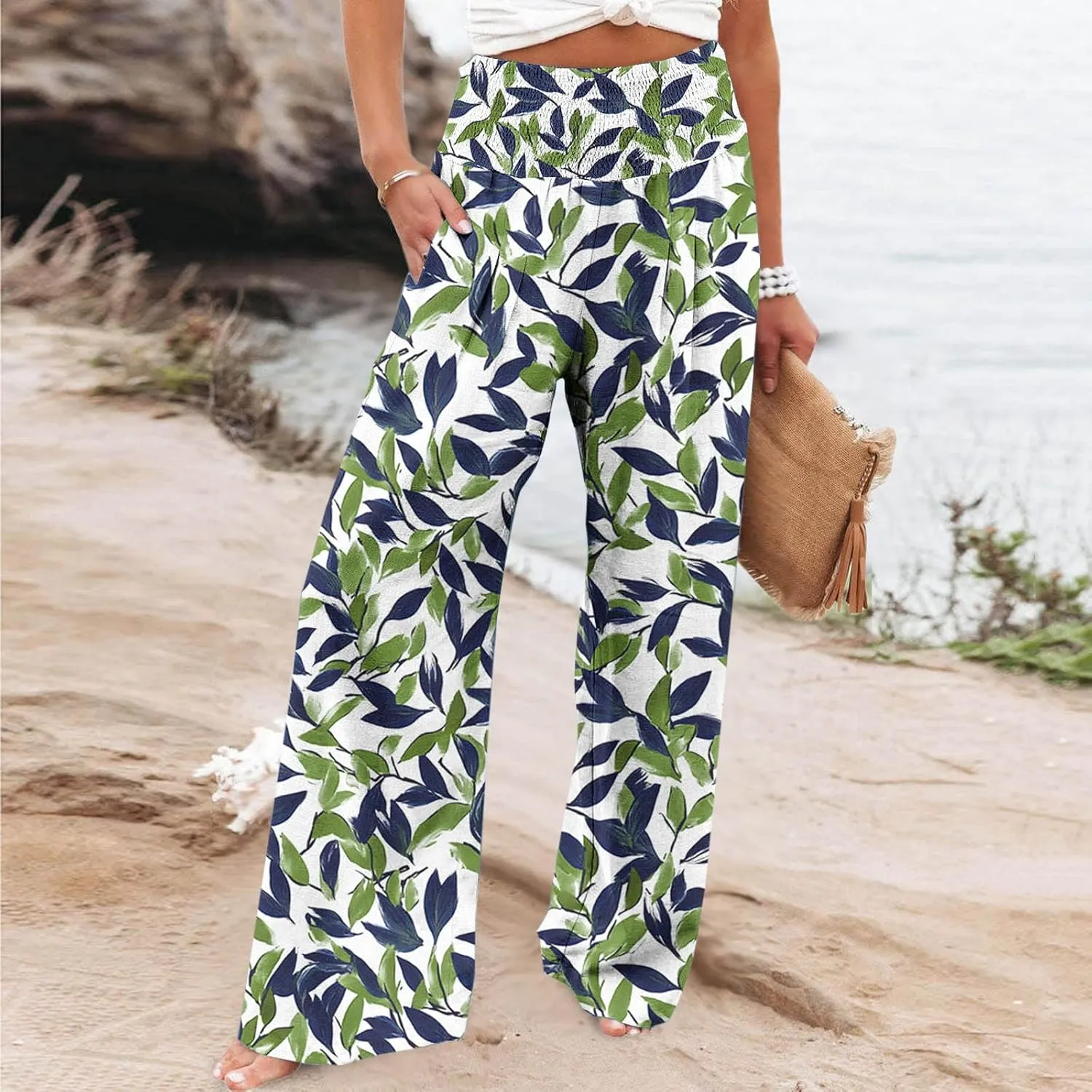 Womens Bohemian Wide Leg Pants Smocked High Waist Flowy Beach Trousers 2025 Summer Casual Boho Loose Palazzo Pants