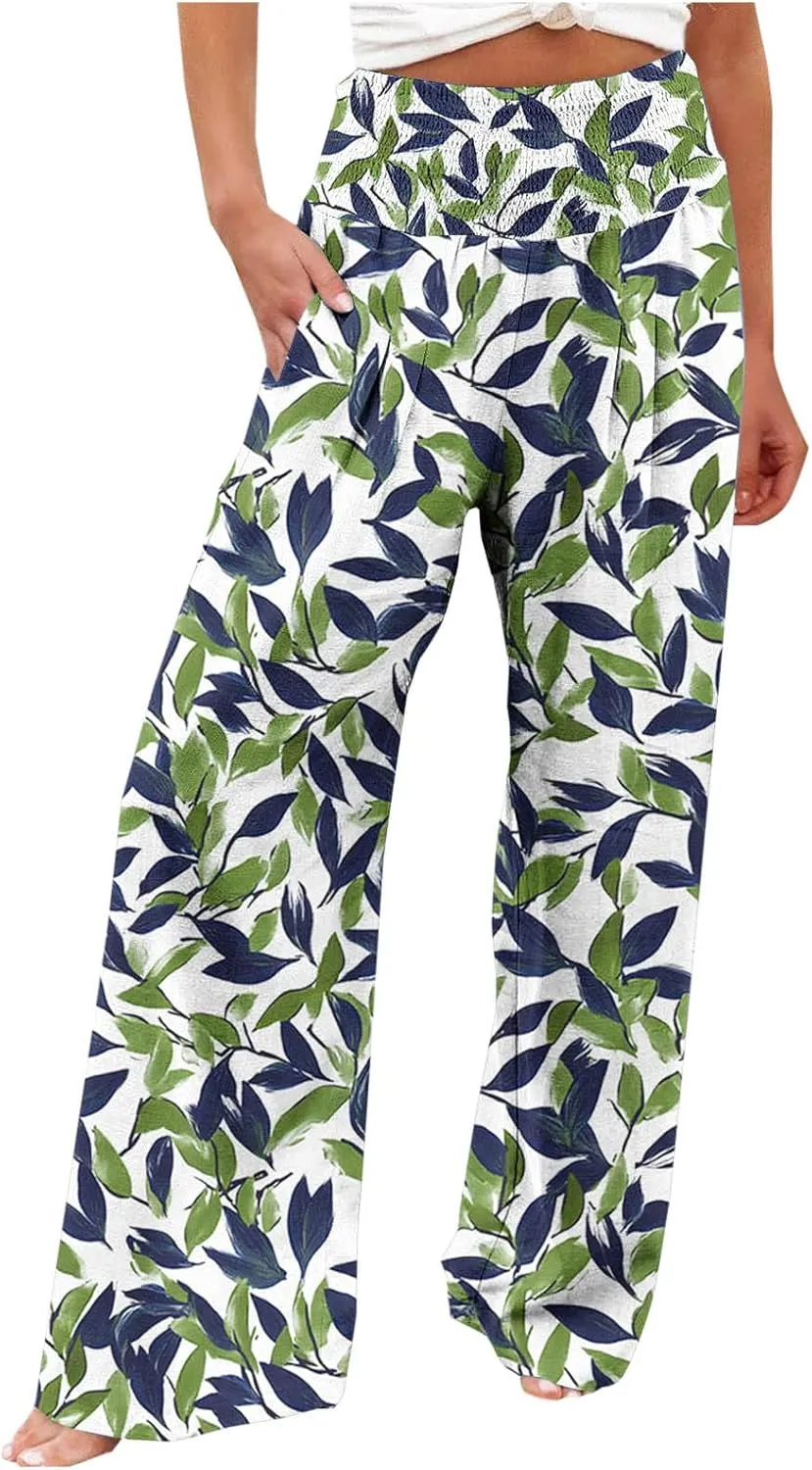 Womens Bohemian Wide Leg Pants Smocked High Waist Flowy Beach Trousers 2025 Summer Casual Boho Loose Palazzo Pants