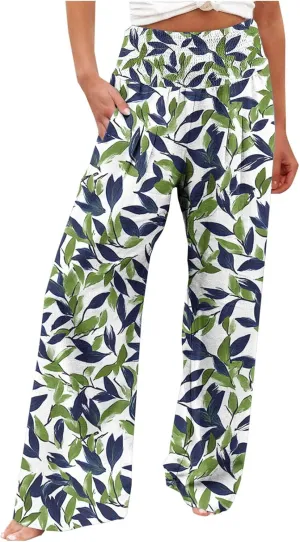 Womens Bohemian Wide Leg Pants Smocked High Waist Flowy Beach Trousers 2025 Summer Casual Boho Loose Palazzo Pants