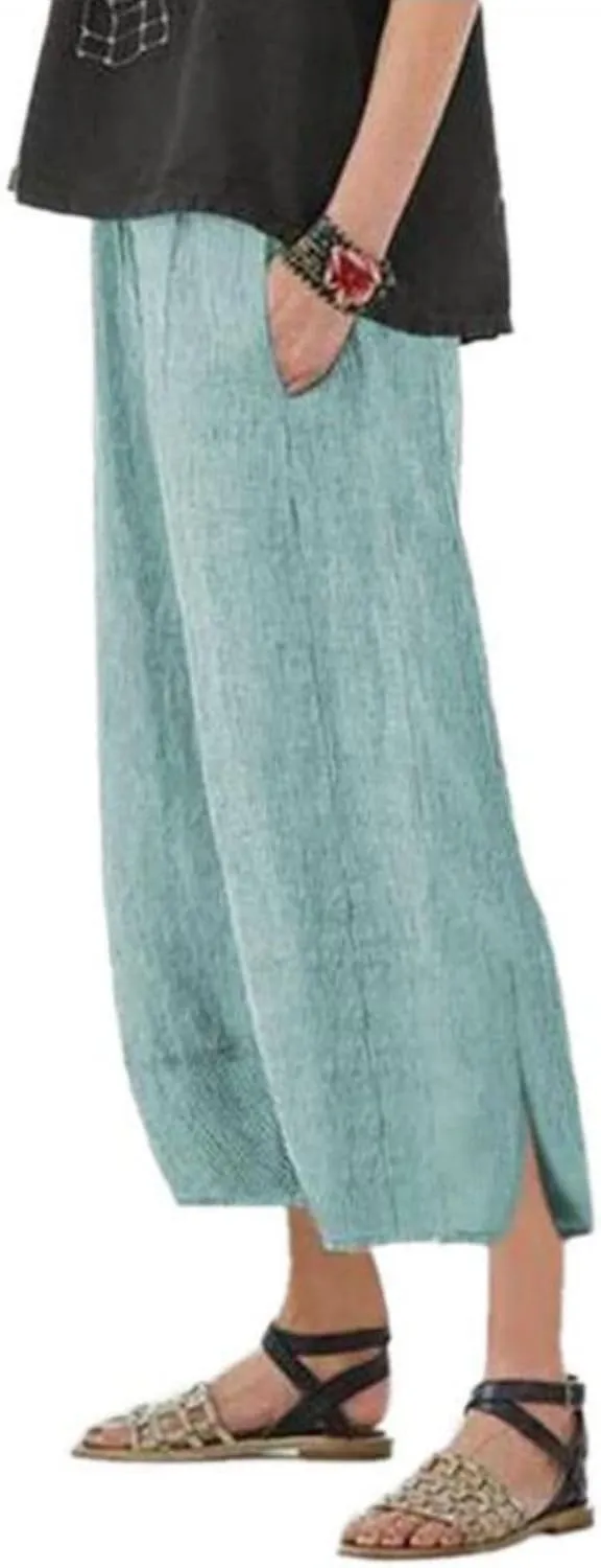 Womens Casual Linen Pants Summer Flowy Elastic Ankle Pants Plus Size Cropped Trousers High Waisted Wide Leg Pants