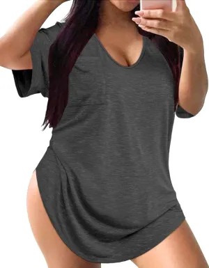 Womens Casual Scoop Collar Plus Size T Shirts Short Sleeve Loose Summer Tops Tee