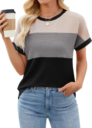 Womens Color Block Fashion Short Sleeve Crewneck Knitted Spring Summer Casual Loose T Shirts Tops