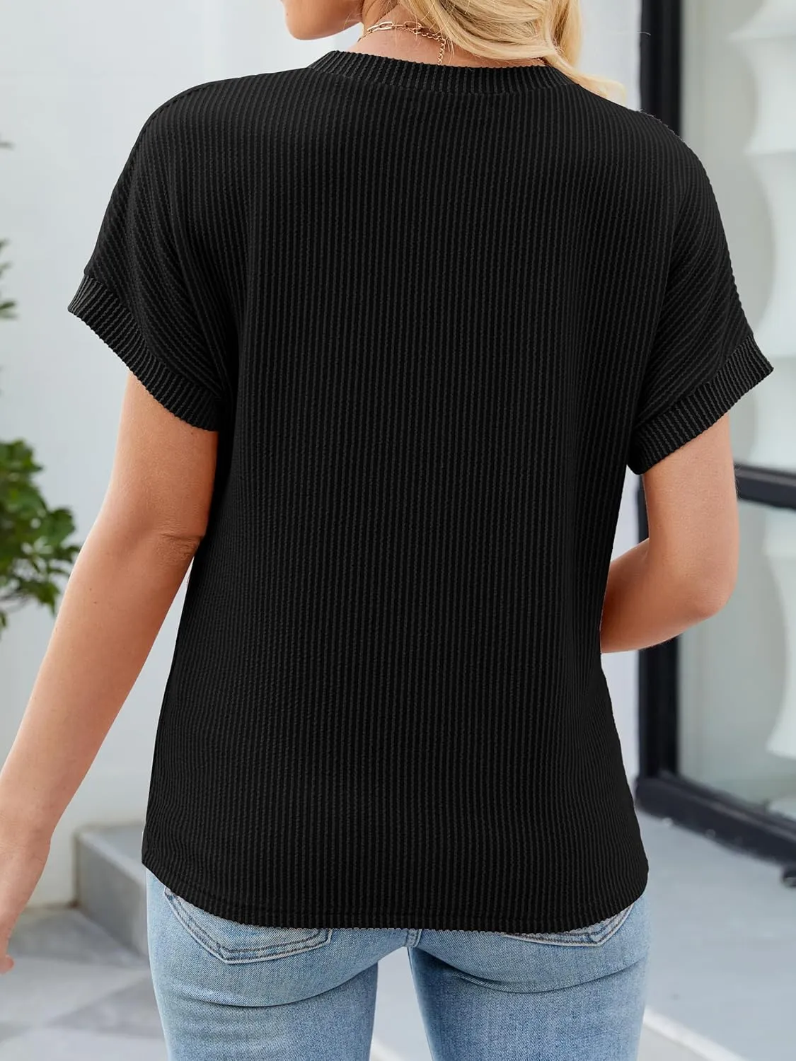 Womens Color Block Fashion Short Sleeve Crewneck Knitted Spring Summer Casual Loose T Shirts Tops