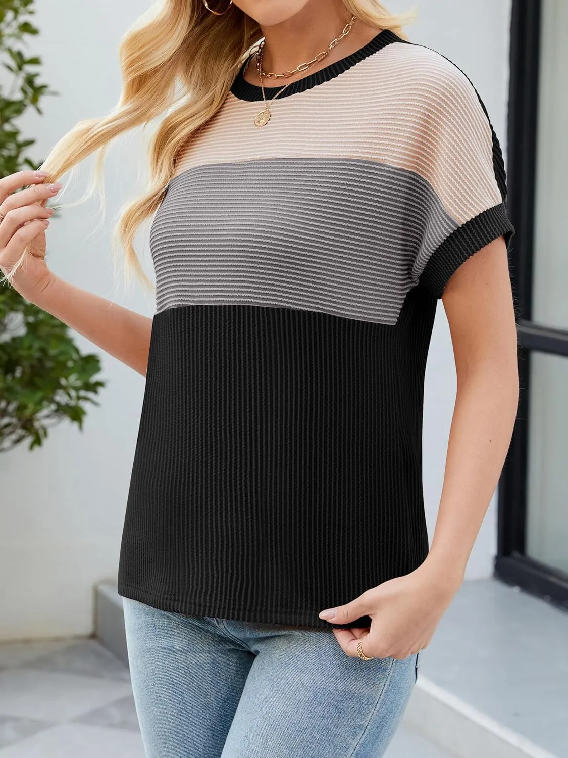Womens Color Block Fashion Short Sleeve Crewneck Knitted Spring Summer Casual Loose T Shirts Tops