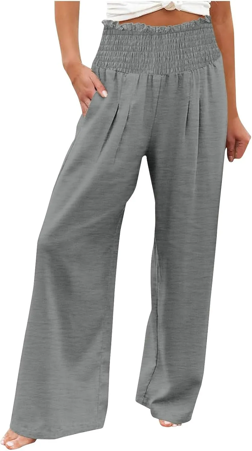 Women's Cotton Linen Palazzo Pants Summer Comfy Elastic High Waisted Wide Leg Trousers Loose Beach Vacation Slacks