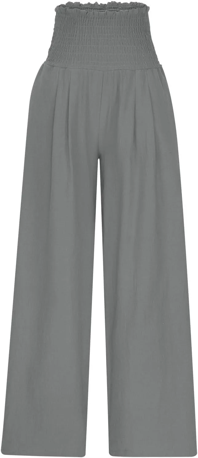 Women's Cotton Linen Palazzo Pants Summer Comfy Elastic High Waisted Wide Leg Trousers Loose Beach Vacation Slacks