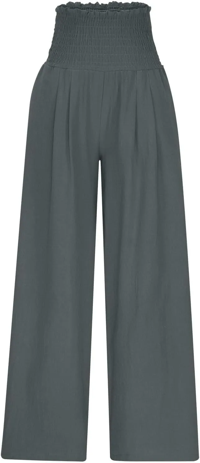 Women's Cotton Linen Palazzo Pants Summer Comfy Elastic High Waisted Wide Leg Trousers Loose Beach Vacation Slacks
