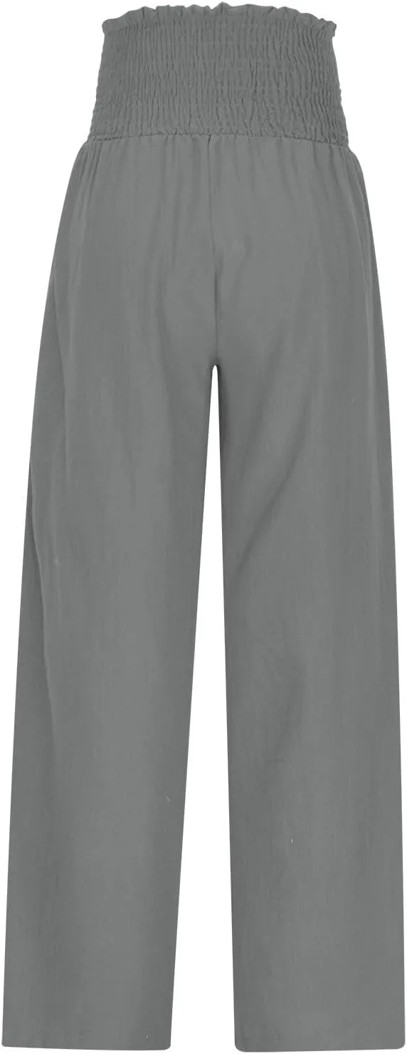 Women's Cotton Linen Palazzo Pants Summer Comfy Elastic High Waisted Wide Leg Trousers Loose Beach Vacation Slacks