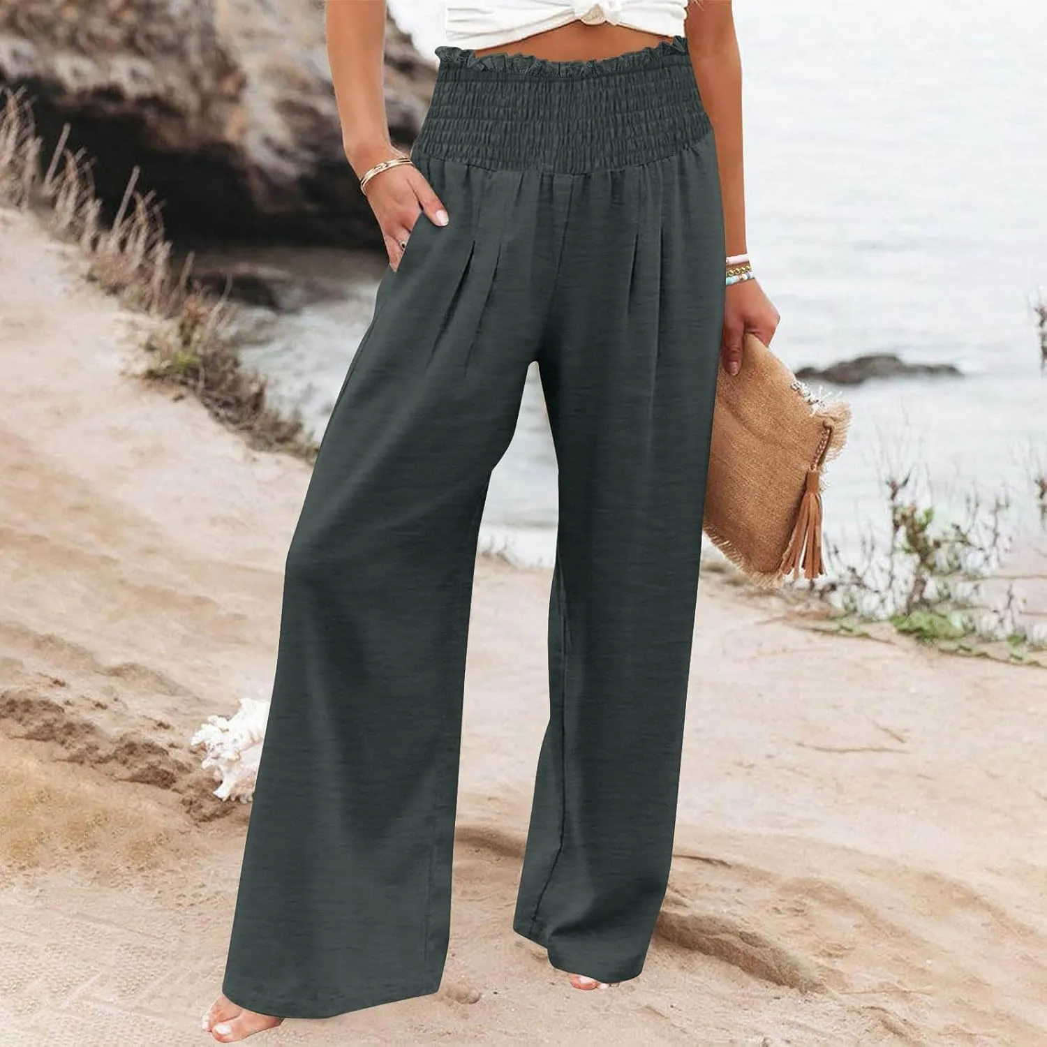 Women's Cotton Linen Palazzo Pants Summer Comfy Elastic High Waisted Wide Leg Trousers Loose Beach Vacation Slacks