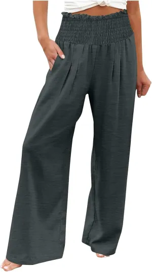 Women's Cotton Linen Palazzo Pants Summer Comfy Elastic High Waisted Wide Leg Trousers Loose Beach Vacation Slacks