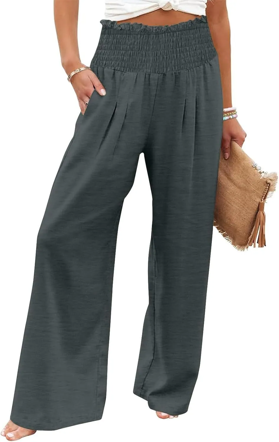 Women's Cotton Linen Palazzo Pants Summer Comfy Elastic High Waisted Wide Leg Trousers Loose Beach Vacation Slacks