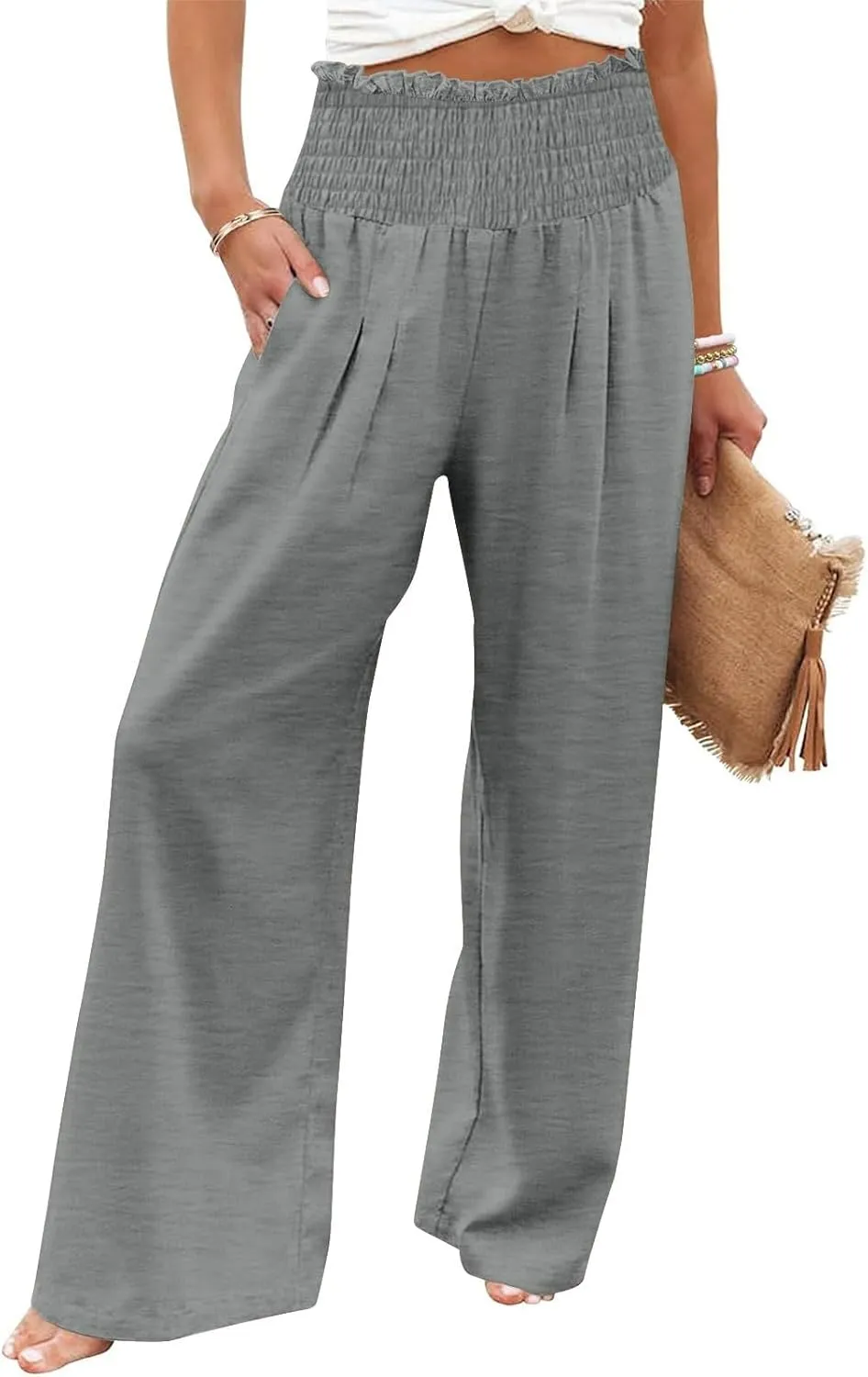 Women's Cotton Linen Palazzo Pants Summer Comfy Elastic High Waisted Wide Leg Trousers Loose Beach Vacation Slacks