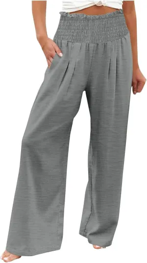 Women's Cotton Linen Palazzo Pants Summer Comfy Elastic High Waisted Wide Leg Trousers Loose Beach Vacation Slacks
