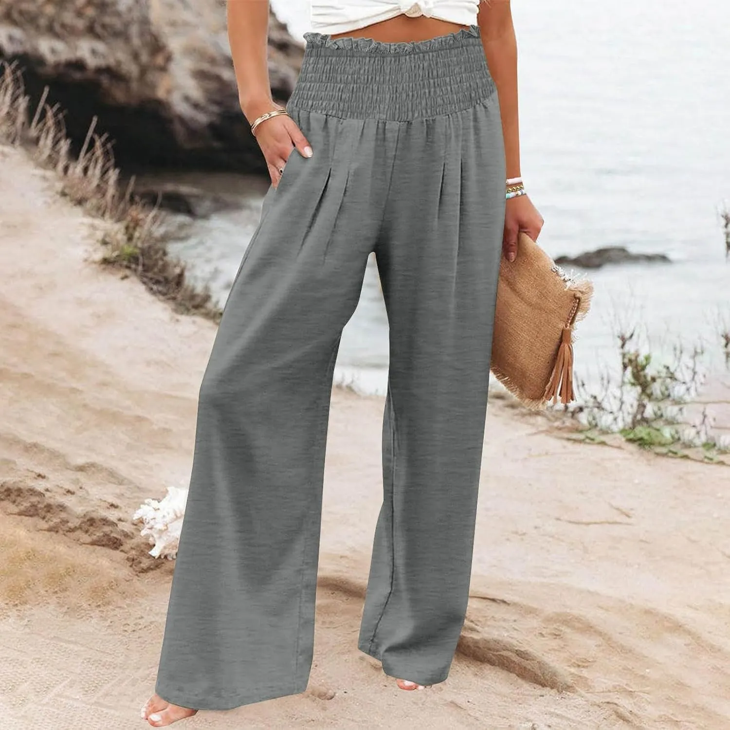 Women's Cotton Linen Palazzo Pants Summer Comfy Elastic High Waisted Wide Leg Trousers Loose Beach Vacation Slacks