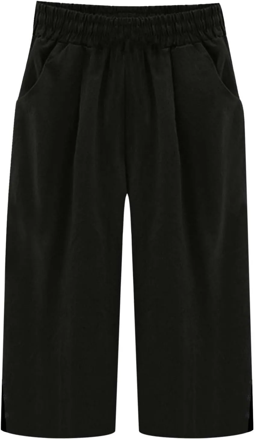 Womens Cotton Linen Pants Casual Straight Leg Pant Summer Trendy Elastic High Waist Wide Leg Trousers with Slit Hem