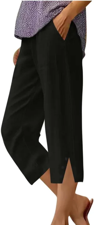 Womens Cotton Linen Pants Casual Straight Leg Pant Summer Trendy Elastic High Waist Wide Leg Trousers with Slit Hem