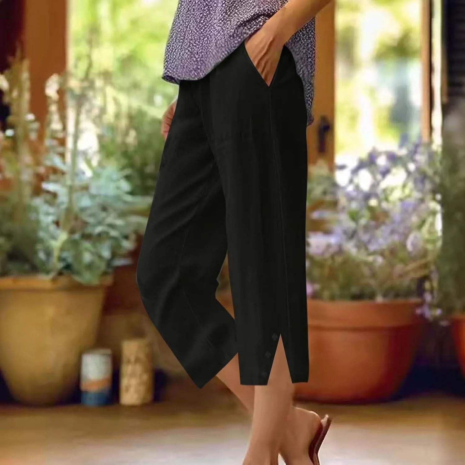 Womens Cotton Linen Pants Casual Straight Leg Pant Summer Trendy Elastic High Waist Wide Leg Trousers with Slit Hem
