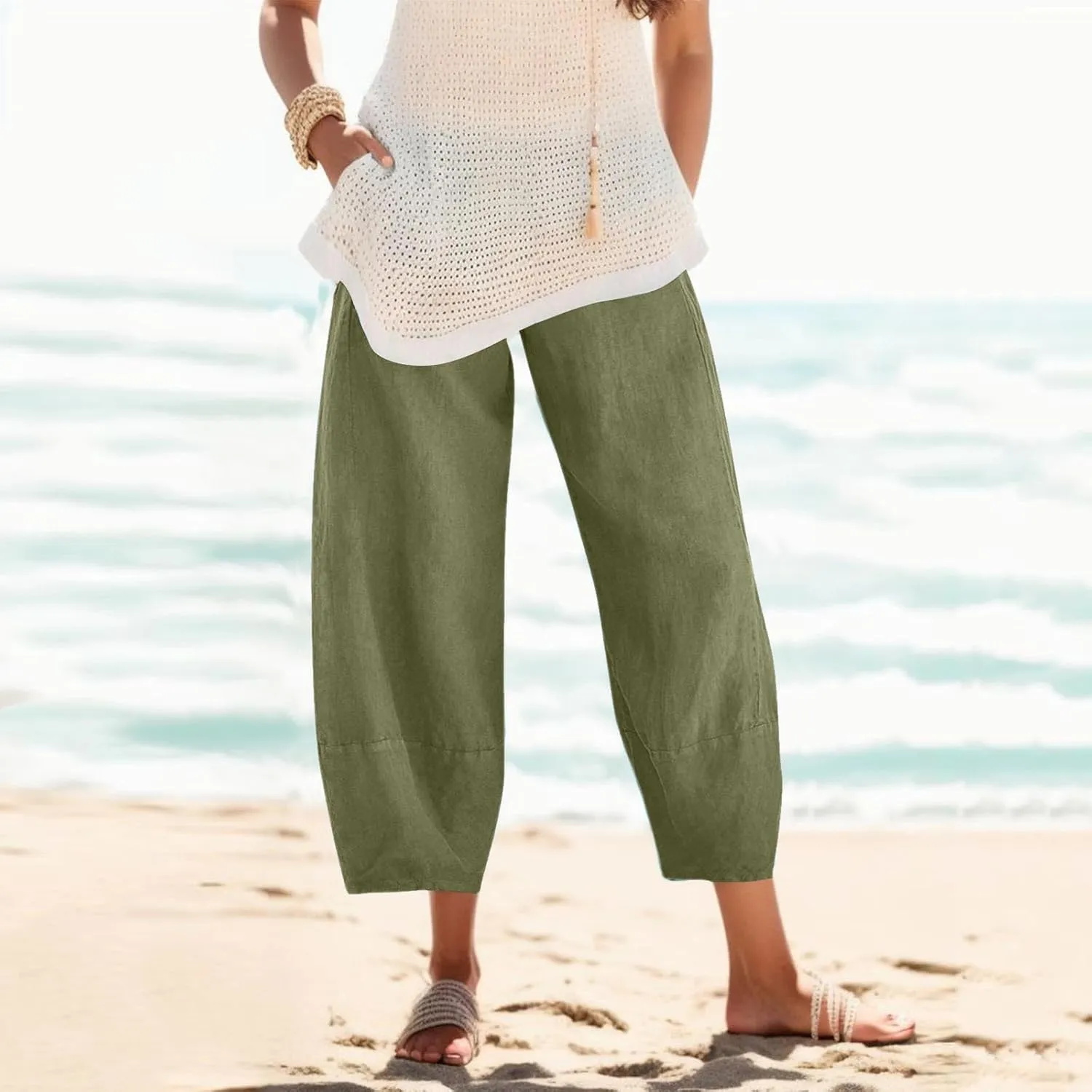 Womens Cotton Linen Pants Casual Summer Loose Solid Color Boho Plus Size High Waist Linen Pants Plus Size Lounge Trousers