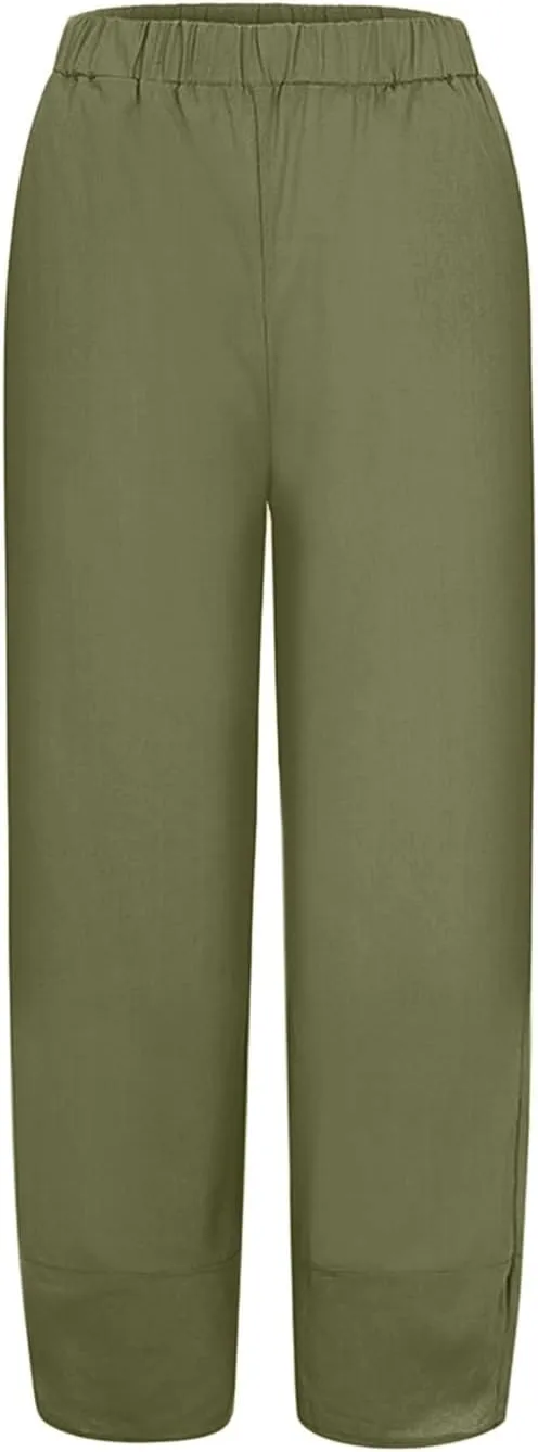 Womens Cotton Linen Pants Casual Summer Loose Solid Color Boho Plus Size High Waist Linen Pants Plus Size Lounge Trousers