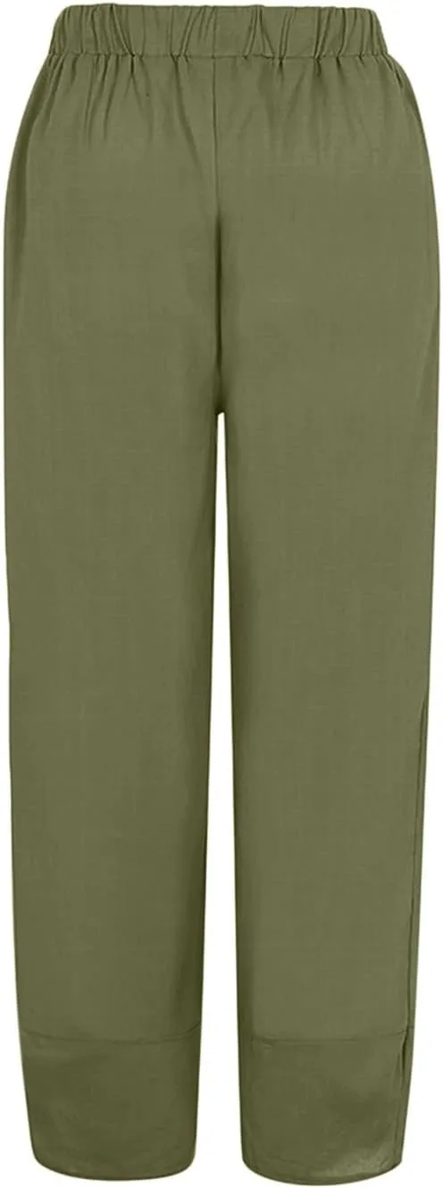 Womens Cotton Linen Pants Casual Summer Loose Solid Color Boho Plus Size High Waist Linen Pants Plus Size Lounge Trousers