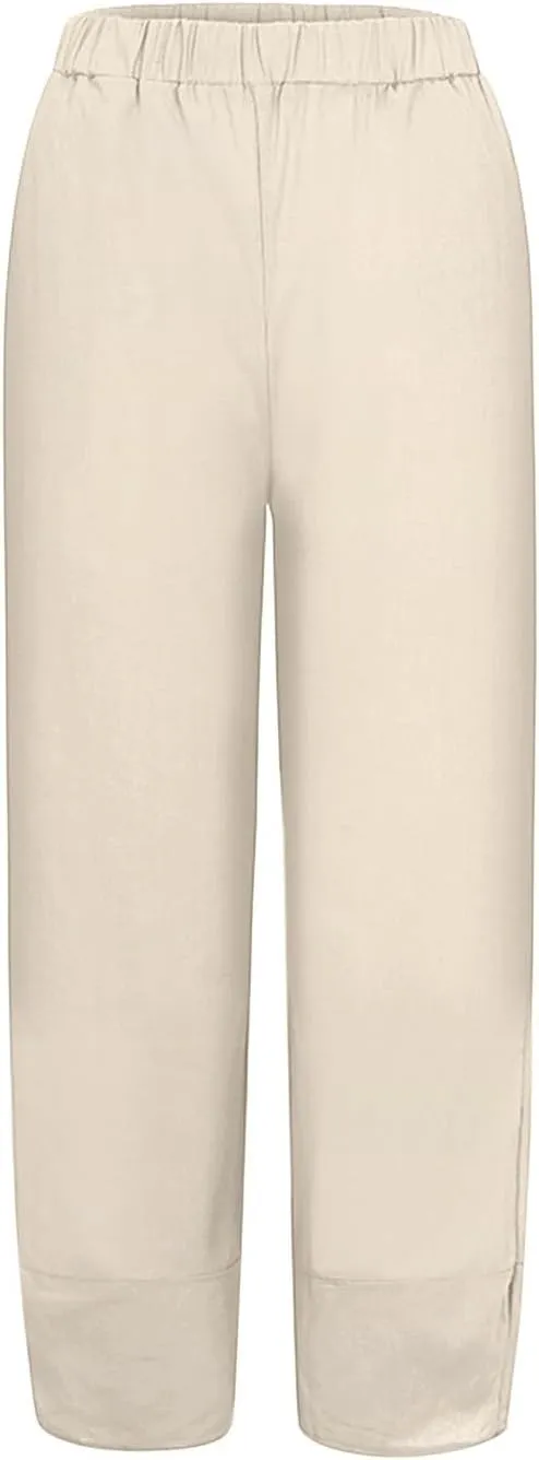Womens Cotton Linen Pants Casual Summer Loose Solid Color Boho Plus Size High Waist Linen Pants Plus Size Lounge Trousers