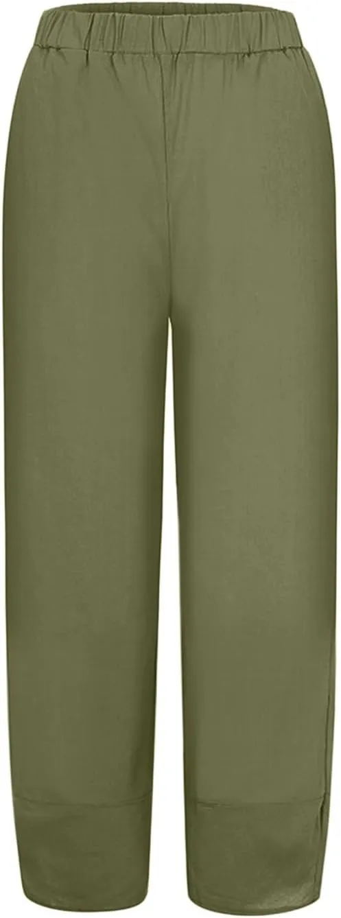Womens Cotton Linen Pants Casual Summer Loose Solid Color Boho Plus Size High Waist Linen Pants Plus Size Lounge Trousers