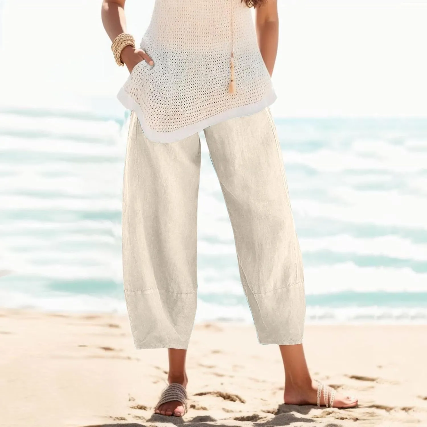 Womens Cotton Linen Pants Casual Summer Loose Solid Color Boho Plus Size High Waist Linen Pants Plus Size Lounge Trousers