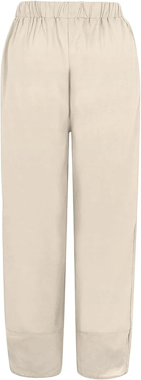 Womens Cotton Linen Pants Casual Summer Loose Solid Color Boho Plus Size High Waist Linen Pants Plus Size Lounge Trousers