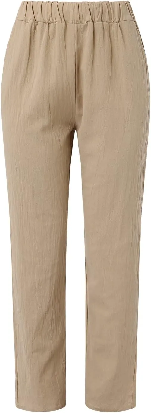 Women's Cotton Linen Pants Summer Casual Baggy Wide Leg Elastic High Waist Beach Slacks Stripe Printed Capri Trousers