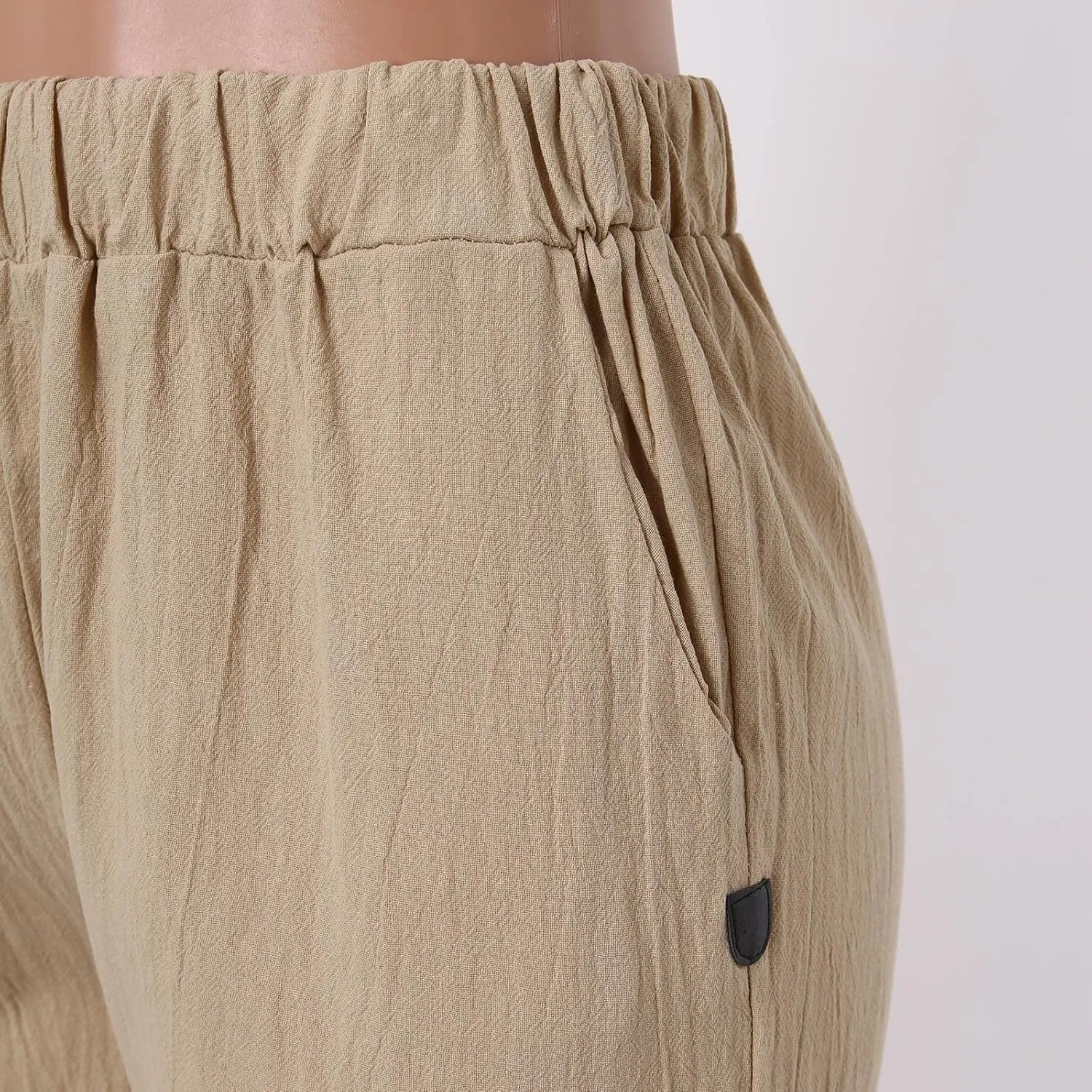 Women's Cotton Linen Pants Summer Casual Baggy Wide Leg Elastic High Waist Beach Slacks Stripe Printed Capri Trousers