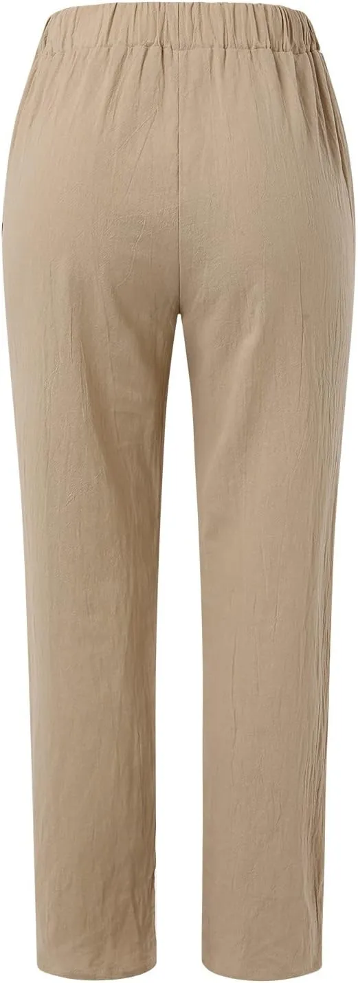 Women's Cotton Linen Pants Summer Casual Baggy Wide Leg Elastic High Waist Beach Slacks Stripe Printed Capri Trousers