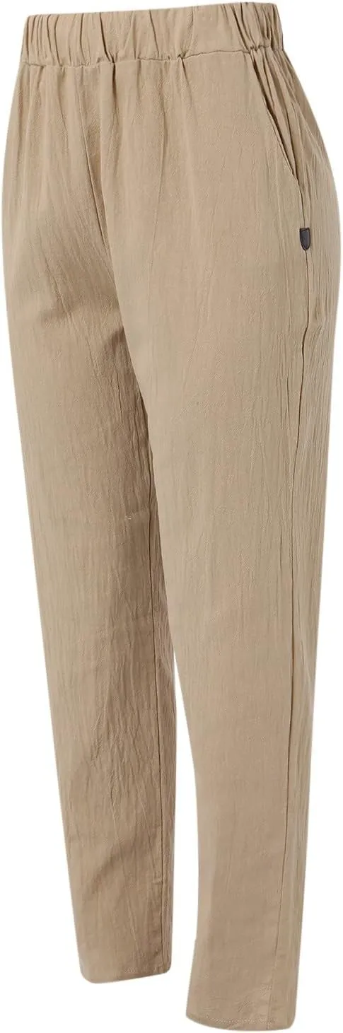 Women's Cotton Linen Pants Summer Casual Baggy Wide Leg Elastic High Waist Beach Slacks Stripe Printed Capri Trousers