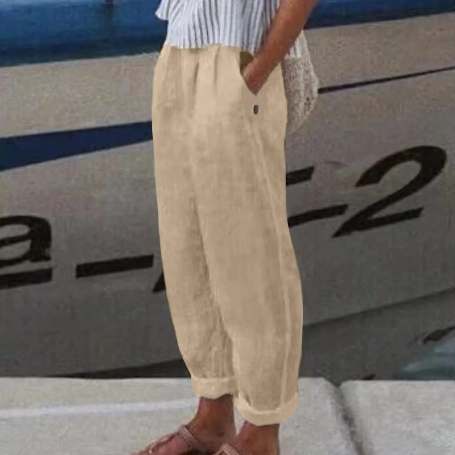 Women's Cotton Linen Pants Summer Casual Baggy Wide Leg Elastic High Waist Beach Slacks Stripe Printed Capri Trousers