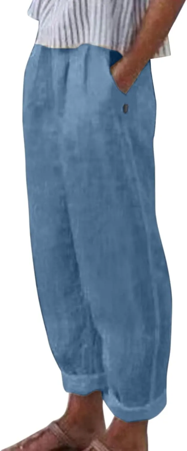 Womens Cotton Linen Pants Summer Casual Solid Color Boho Plus Size High Waisted Linen Pants Plus Size Trousers with Pockets