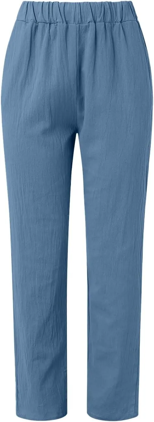 Womens Cotton Linen Pants Summer Casual Solid Color Boho Plus Size High Waisted Linen Pants Plus Size Trousers with Pockets