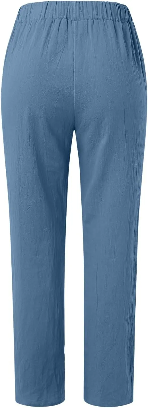 Womens Cotton Linen Pants Summer Casual Solid Color Boho Plus Size High Waisted Linen Pants Plus Size Trousers with Pockets