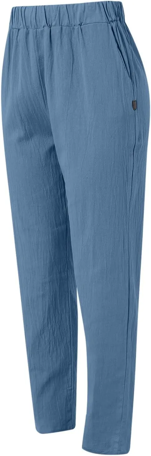 Womens Cotton Linen Pants Summer Casual Solid Color Boho Plus Size High Waisted Linen Pants Plus Size Trousers with Pockets
