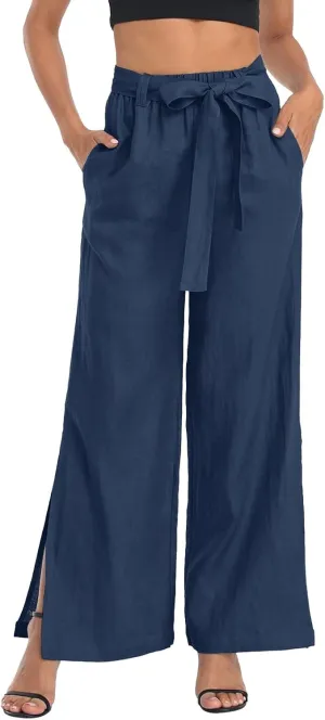 Women's Cotton Linen Summer Floral Palazzo Pants Elastic Waisted Bootcut Slim Fit Trousers Travel